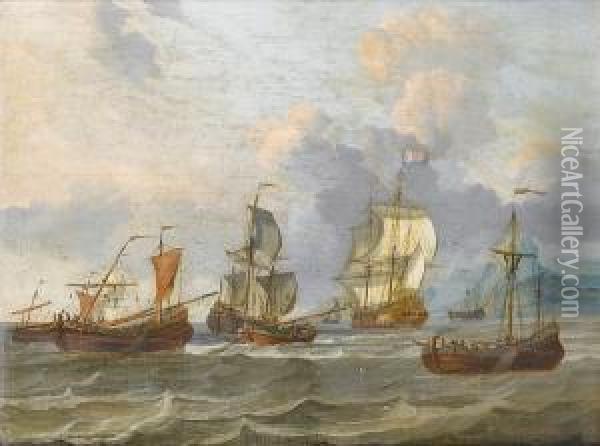 Two Dutch Men O'war, Sloops And Other Vessels In Choppy Waters, Off A Mountainous Coastline Oil Painting - Adam Silo