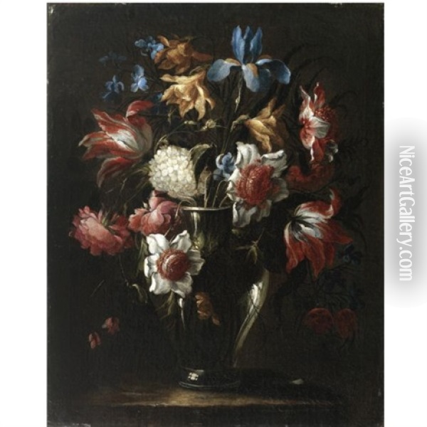 Still Life With Flowers In A Glass Vase, Including Blue Irises And Parrot Tulips, Arranged On A Stone Ledge Oil Painting - Juan De Arellano