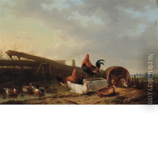 Fowl And Rabbits In A Landscape Oil Painting - Cornelis van Leemputten