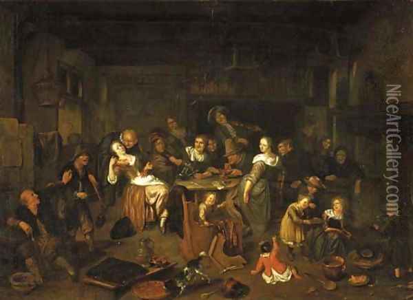 Boors merry making in an inn with a pancakecook in the foreground Oil Painting - Richard Brakenburgh