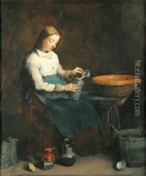 Femme Versant Du Lait Oil Painting - Theodule Ribot