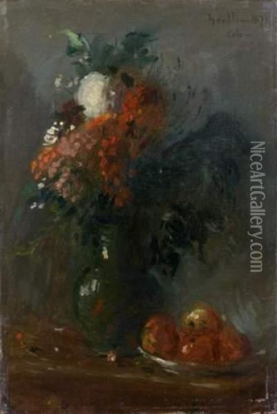 Nature Morte Aux Fleurs Et Aux Pommes Oil Painting - Adolphe Felix Cals