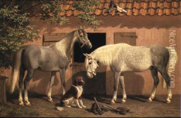 To Heste Og Hund Ved En Stalddor Oil Painting - Carl Henrik Bogh