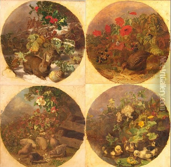 The Four Seasons: Chicks And 
Apple Blossom; Ducklings And Meadowsweet; Partridge, Poppies And 
Blackberries; Rabbit In The Snow Oil Painting - Eloise Harriet Stannard