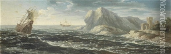 Shipping In Choppy Waters Off A Rocky Coastline Oil Painting - Orazio Grevenbroeck