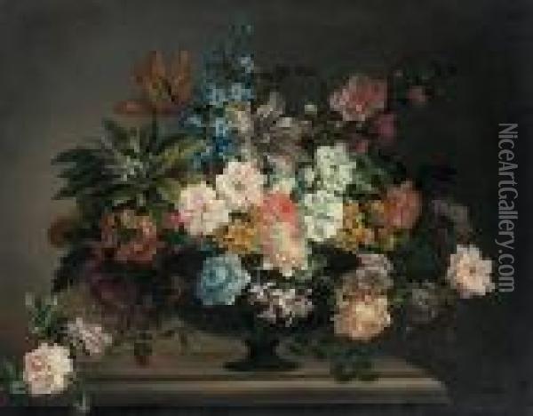 Tulips, Roses, Carnations And 
Other Flowers In An Urn On A Stone Ledge With A Sprig Of Roses Oil Painting - Jean-Baptiste Monnoyer