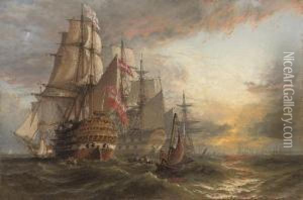 A Squadron Of Danish Warships 
Moored Off The Entrance To Portsmouth Harbour, With The Masts Of 
Shipping In The Harbour In The Distance Oil Painting - Henry Thomas Dawson