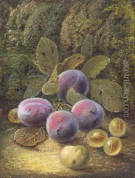 Still life of plums and gooseberries on a mossy bank Oil Painting - Oliver Clare