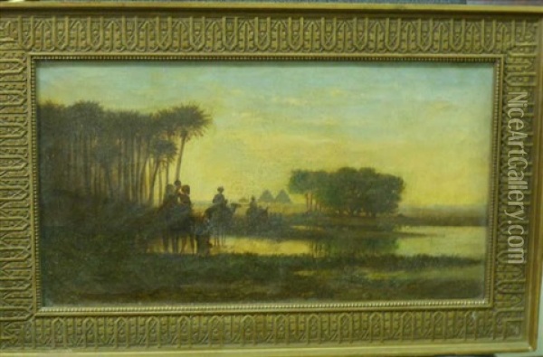 Orientalist Scene With Arabs On Camelback Near A Pond, Distant Desert Landscape Oil Painting - Prosper Barbot