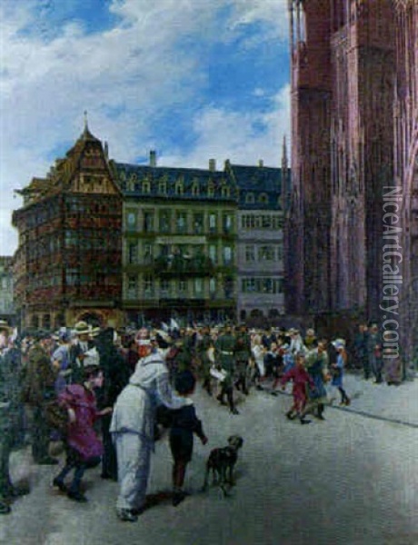 A Military Procession Before Strasbourg Cathedral Oil Painting - Carl Jordan