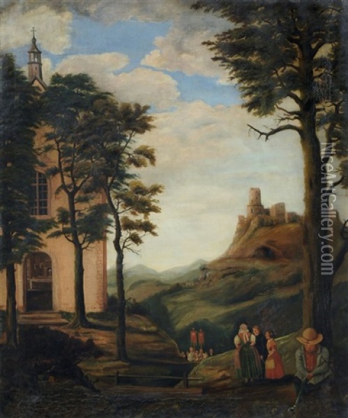 Prozessionszug Mit Burg Im Hintergrund / Bohmische Landschaft (2 Works) Oil Painting - Julius Fiebiger