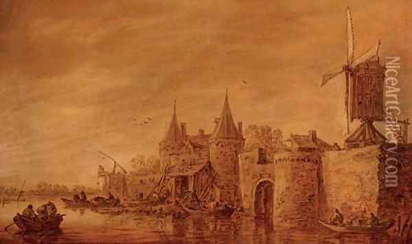 Fortifications and a windmill along a river Oil Painting - Jan van Goyen