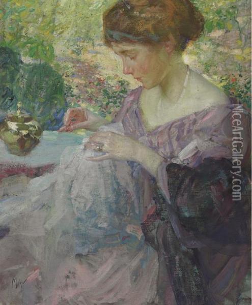 Young Woman Sewing Oil Painting - Richard Emile Miller
