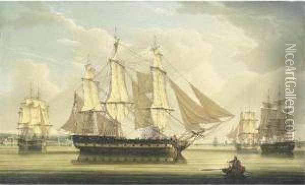 A Fifth Rate Ship Of The Line And A Brig Drying Sails In A Flat Calm On The River Mersey Oil Painting - Robert Salmon