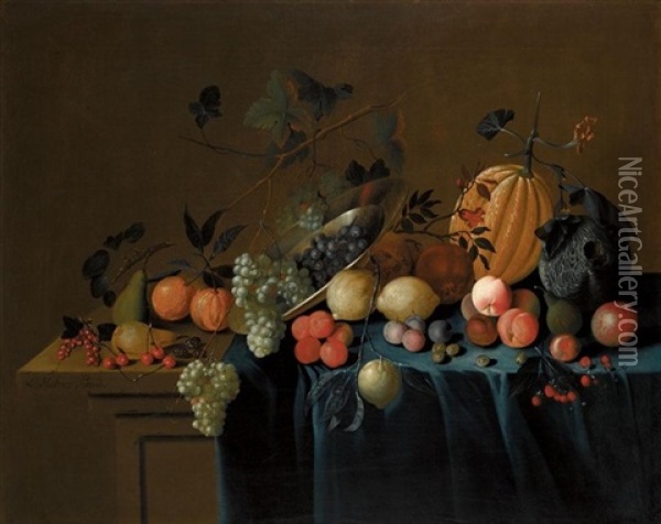 Still Life Of Fruit On A Draped Ledge Oil Painting - Louis (Lewis) Hubner