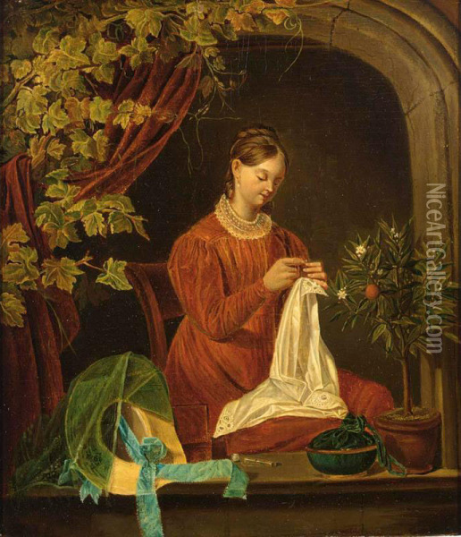 A Young Lady Doing Needlework In A Window Oil Painting - Francis Antoine Conscience