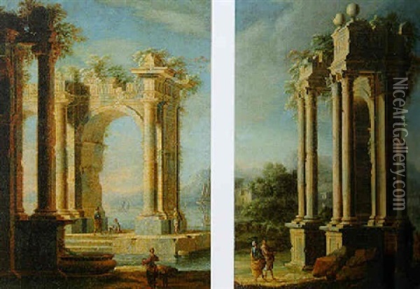 Architectural Capriccio With Travellers By Classical Ruins Oil Painting - Gennaro Greco