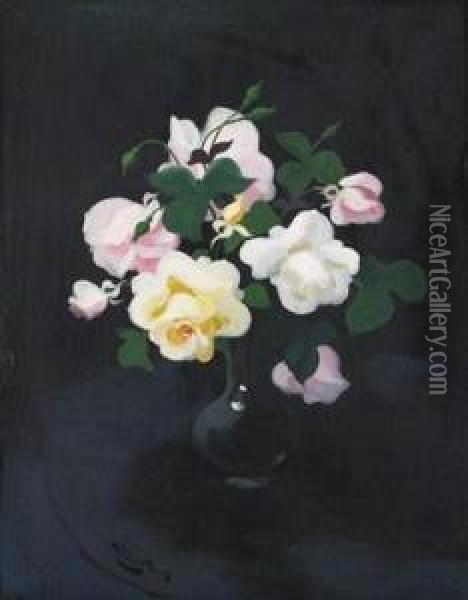 Still Life Of Yellow And Pink Roses Oil Painting - James Stuart Park