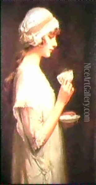 Portrait Of Pearl Joliffe Holding A Cup And Saucer Oil Painting - P(ercy) Harland Fisher