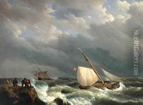 Vessels on a Lee Shore in a Gale of Wind Oil Painting - Johannes Hermanus Koekkoek