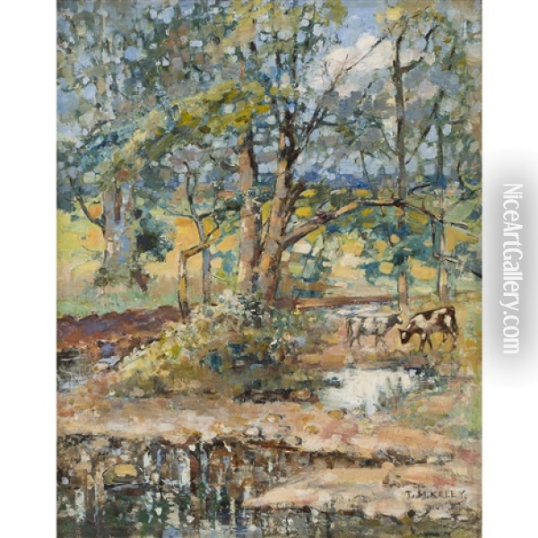 Cattle Watering In A Woodland Glade Oil Painting - Thomas Meikle Kelly