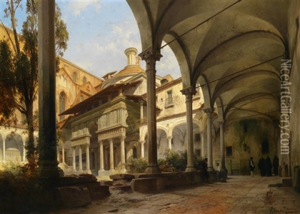 Hof Mit Der Capella Pazzi An Der Kirche St. Croce Zu Florenz Oil Painting - Karl Georg Anton Graeb