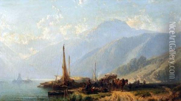 Figures Unloading Barges In An Alpine Landscape Oil Painting - James Baker Pyne