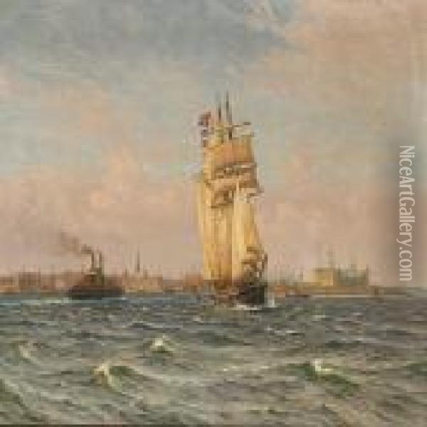 Marine With Shipsoff The Coast Of Elsinore Oil Painting - Vilhelm Karl Ferd. Arnesen