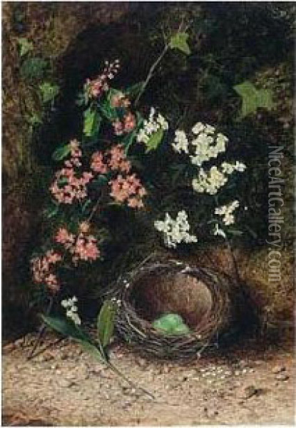 Still Life Of Birds Nest With Primulas And Blossom Oil Painting - John Atkinson Grimshaw