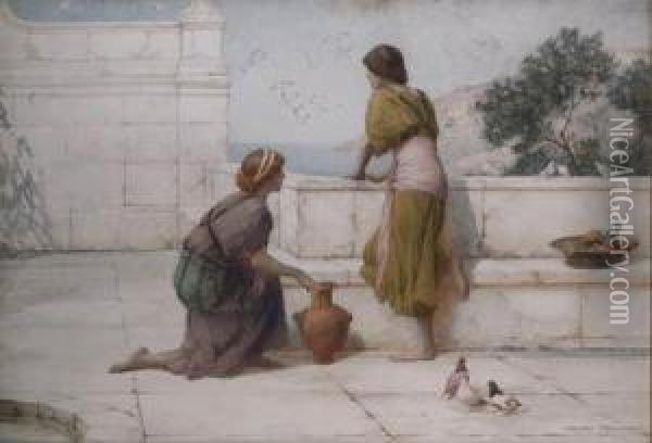 Young Girls On A Classical Terrace With A View Of The Seabeyond Oil Painting - Henry Ryland