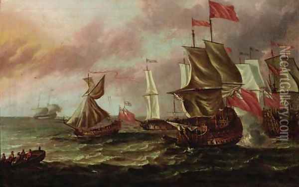 British men-o'-war in choppy waters Oil Painting - Willem van de Velde the Younger