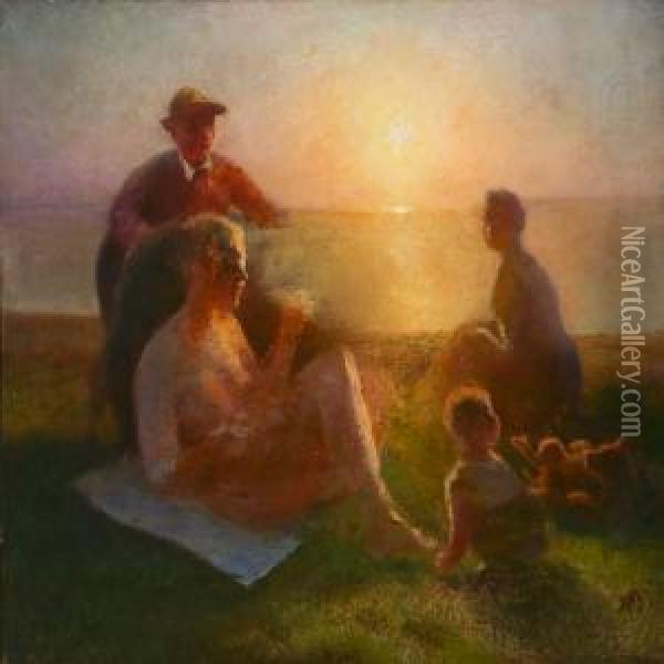 A Family By The Sea At Sunset Oil Painting - Hans Ole Brasen