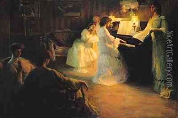 Young Girls at a Piano Oil Painting - Gabriel Deluc