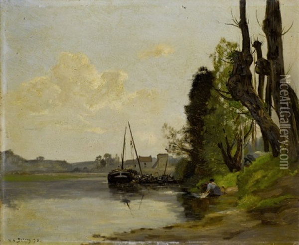 Baumbestandenes Flussufer Mit Vor Anker Liegendem Boot Oil Painting - Hippolyte Camille Delpy