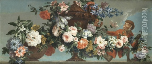 Hyacinthes, Roses, Chrysanthemums And Narcissi In A Terracotta Vase On A Stone Ledge, With A Monkey Oil Painting - Antoine Monnoyer