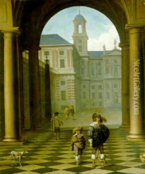 The Courtyard Of A Classical Palace With Elegant Figures And Greyhounds Oil Painting - Dirck Van Delen