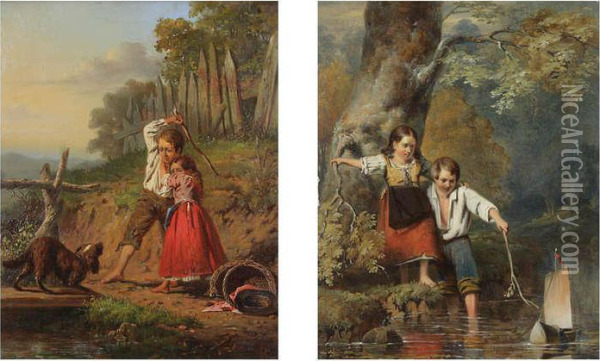 Twee Kindjes Spelend Met Bootje Aan De Rivier Oil Painting - Valentin Bing