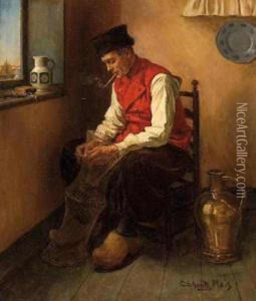 Pfeife Rauchender Fischerin Der Stube Oil Painting - Carl Schmitz-Pleis