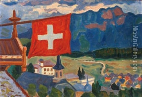 Le Drapeau Suisse Et L'eglise De Leysin Oil Painting - Henri Lienard De Saint-Delis