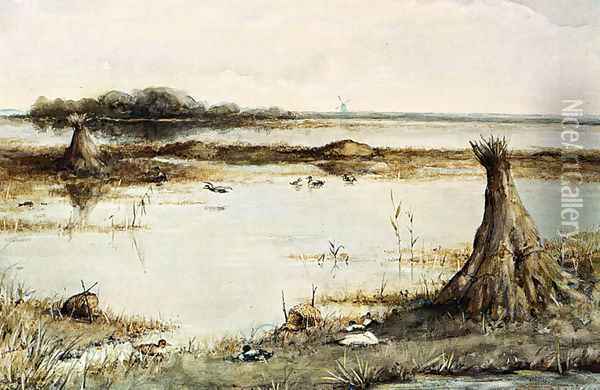 Ducks In A Landscape Near Kortenhoef Oil Painting - Geo Poggenbeek