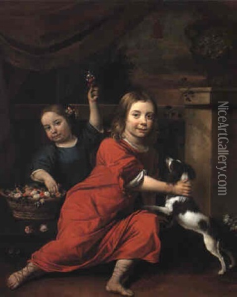 Portrait Of Children Seated At A Balustrade With A Spaniel And Flowers Oil Painting - Jan van Neck