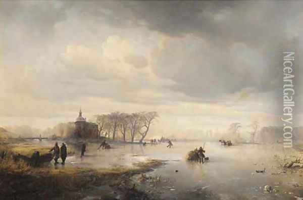 Skaters on a frozen lake, with a manor beyond Oil Painting - Carl Hilgers