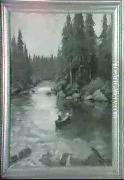 Scenic Depiction Of Fisherman On Lake Surrounded By Pine    Forest Oil Painting - Matthew A. Daly