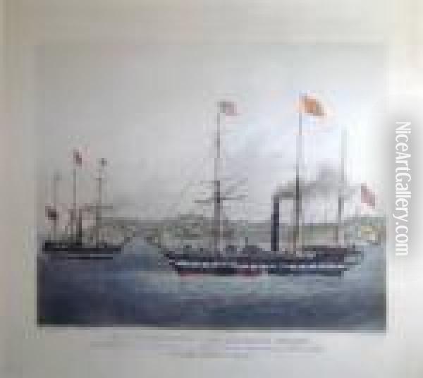 After William John Huggins , 
'ships Of The Steam Navigation Company', Handcoloured Engraving, 47.5cm X
 70.5cm, Framed Oil Painting - Edward Duncan