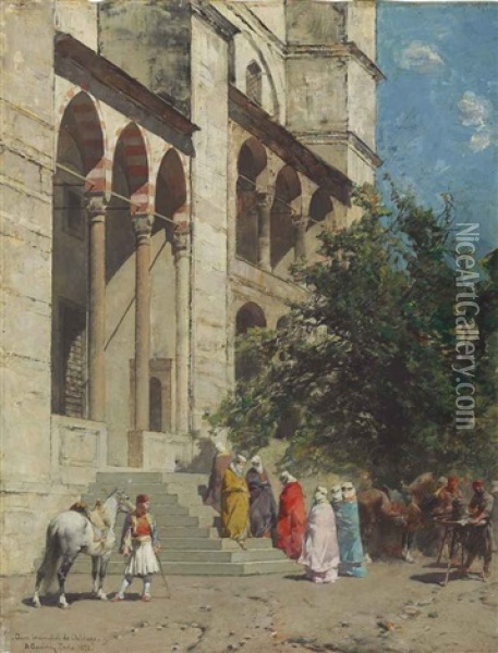 On The Steps Of The Mosque, Constantinople Oil Painting - Alberto Pasini