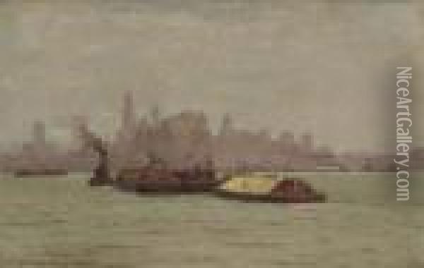New York Skyline With River Traffice Oil Painting - Vilhelm Karl Ferd. Arnesen