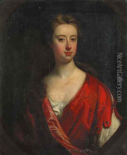 Portrait of a lady of the Barrington family, half-length, in a red dress, feigned oval Oil Painting - Jonathan Richardson