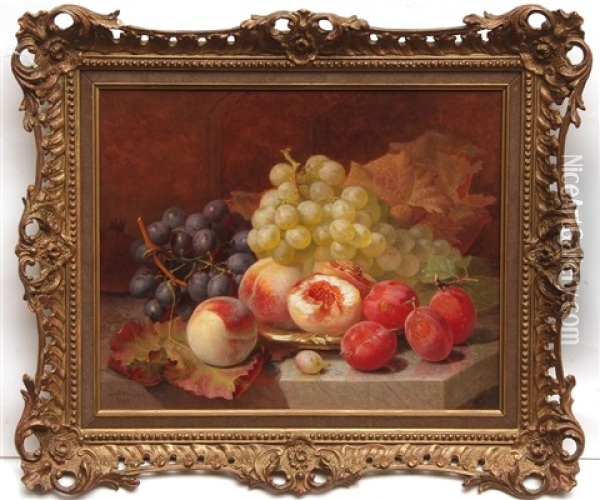 Still Life Study Of Peaches, Grapes And Plums With Norwich Silver Plate On A Marble Ledge Oil Painting - Eloise Harriet Stannard