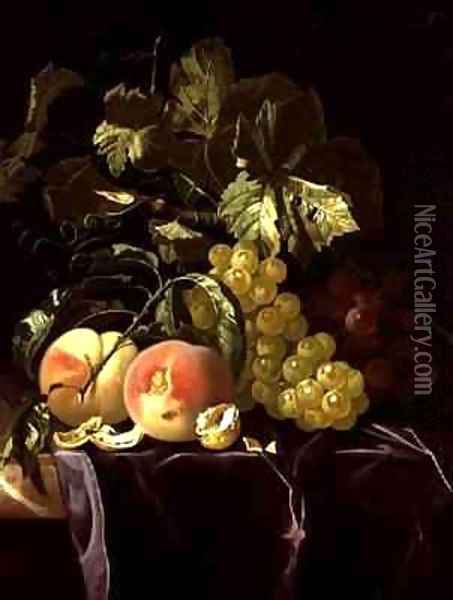 Still Life of fruit nuts and leaves on velvet cloth Oil Painting - Isaak Denies