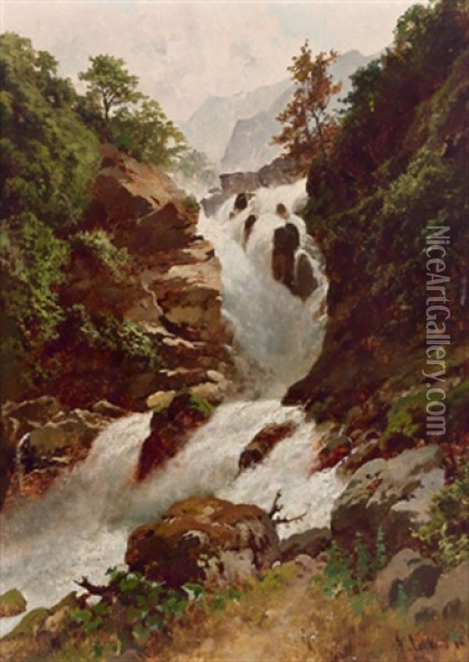 Wasserfall In Den Bergen Oil Painting - August Loehr